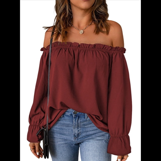 Blusa Informal Holgada de con Hombros Descubiertos y Volantes de Larga para Mujer. Rojo Vino XXL