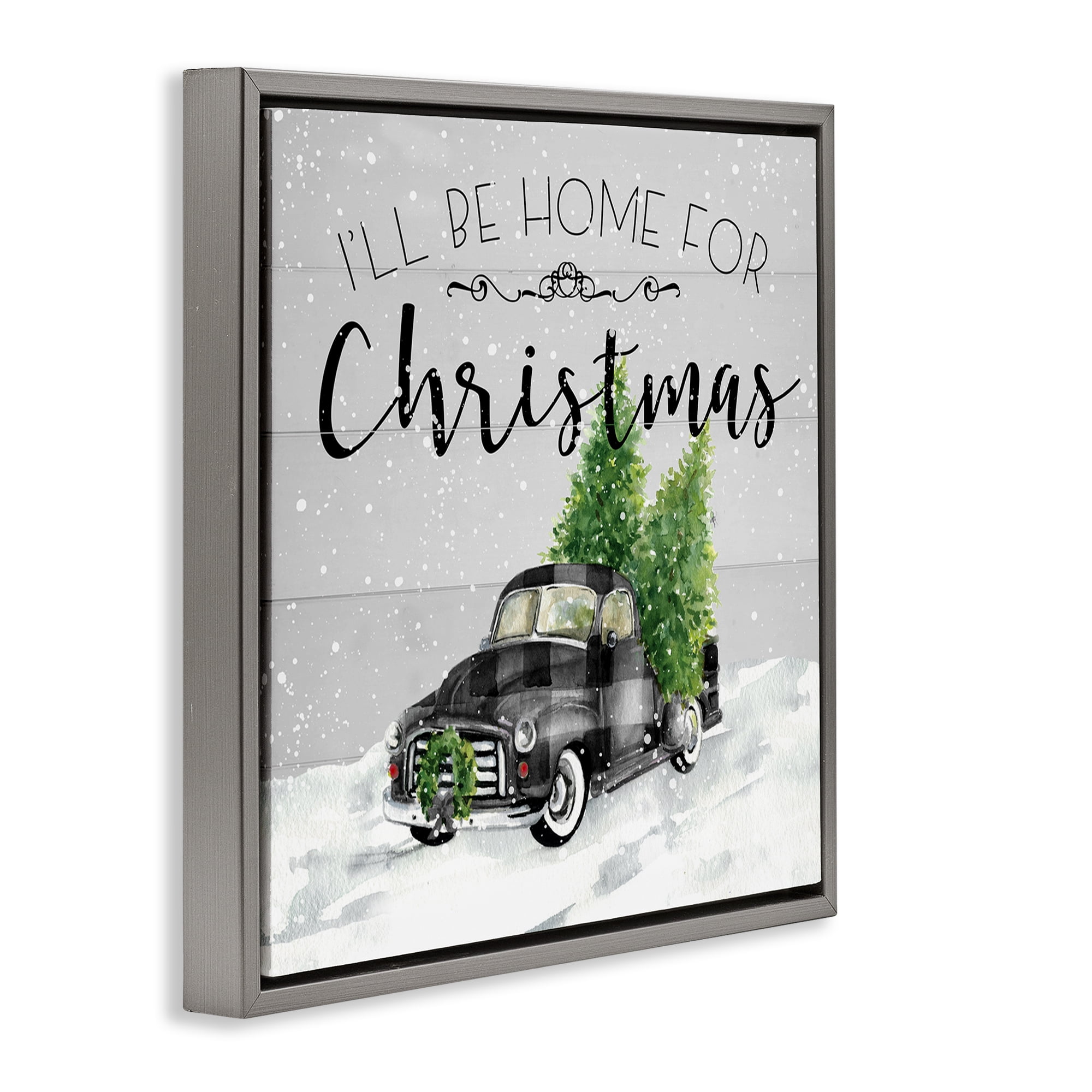 Stupell Industries Plaid Truck Christmas Phrase Holiday Painting Gray Floater Framed Canvas Art Prints Wall Art, 18 x 18
