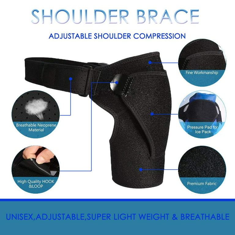 US$ 24.33 - Shoulder Support Brace with Pressure Pad for Men Women,  Adjustable Shoulder Brace for Torn Rotator Cuff, Tendonitis, Dislocation,  AC Joint, Bursitis, Labrum Tear, Pain, Fits Right or Left Shoulder 