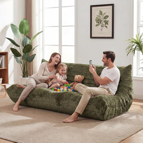 Boneless Foam Couch No Assembly Required, Bean Bag Couches in a Box, Accent Floor Sofa Adults, Comfy Reading Sofa for Living Room, Bedroom, Apartment & Office (Green, 3-Seater)