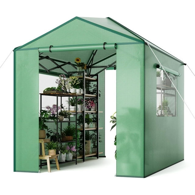Instant Pop-Up Walk-In Greenhouse – Portable Plant Hot House with Galvanized Steel Frame, PE Cover, Roll-Up Zipper Door, Ground Pegs & Ropes for Stability