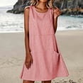 thumbnail image 2 of Women's Striped Mini Dress Gingham Tunic Dress Round Neck Sleeveless Loose A Line Sundress with Pockets Lounge Vacation Outfit Red, 2 of 8