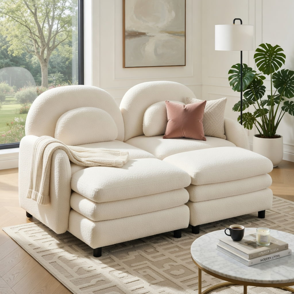 Hommoo Teddy Fleece 2-Seat Modular Sofa with Curved Backrest, Cloud-Like Double-Layer Cushions & 2 Movable Ottomans, Living Room Sectional Couch, Beige