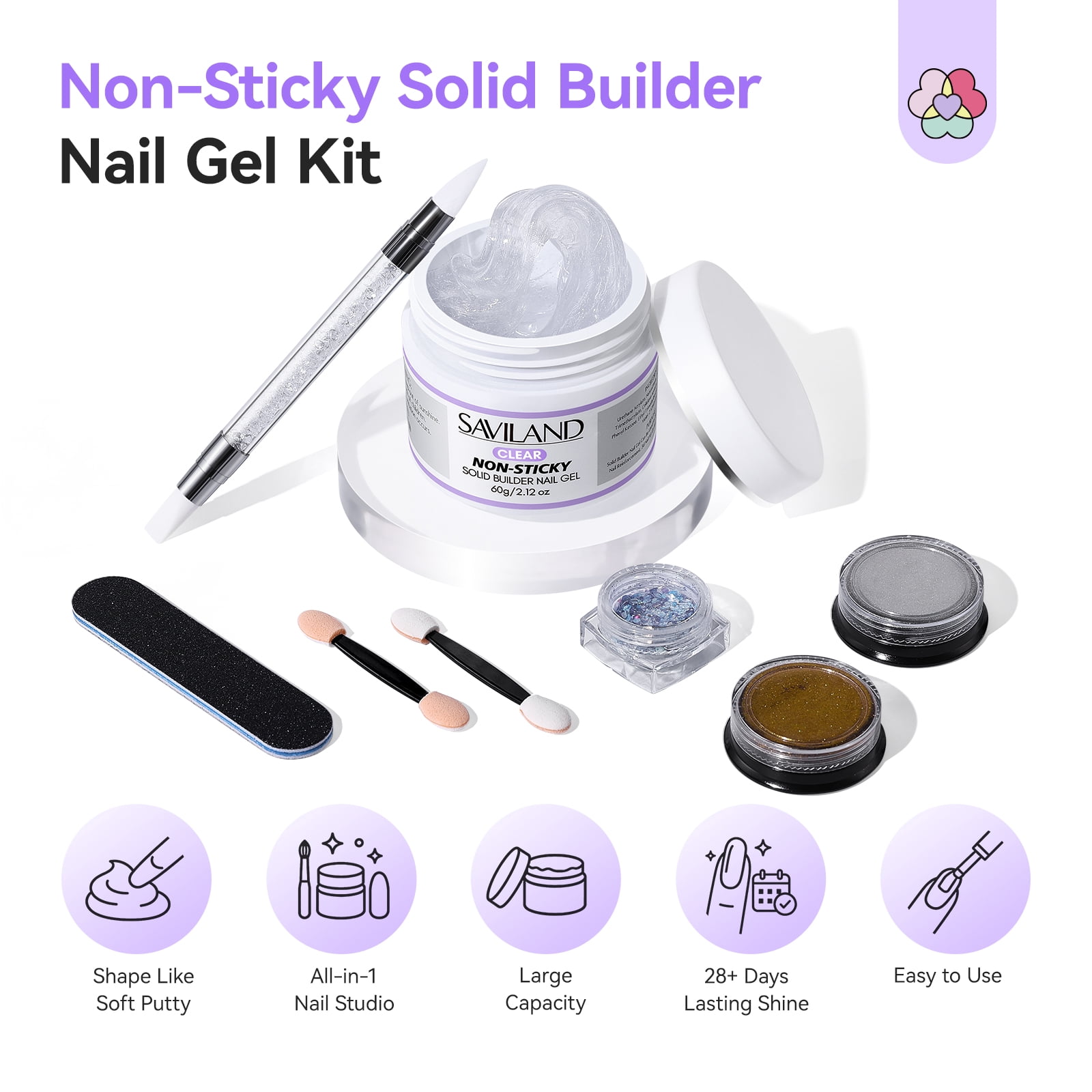 SAVILAND Solid Builder Nail Gel - 60g/2.02oz Non-Sticky 3D Nail Gels Sculpting Gel for Art Hand Carving Glue Extension with Sequins Chrome Powder DIY Nails Art Salon Home, Beginner Friendly