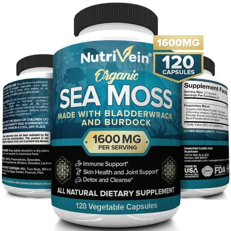 Nutrivein Organic Sea Moss 1600mg plus Bladderwrack & Burdock - 120 Capsules - Prebiotic Super Food Boosts the Immune System & Digestive Health - Thyroid, Healthy Skin, Keto Detox, Gut, Joint (Best Way To Boost Immune System)