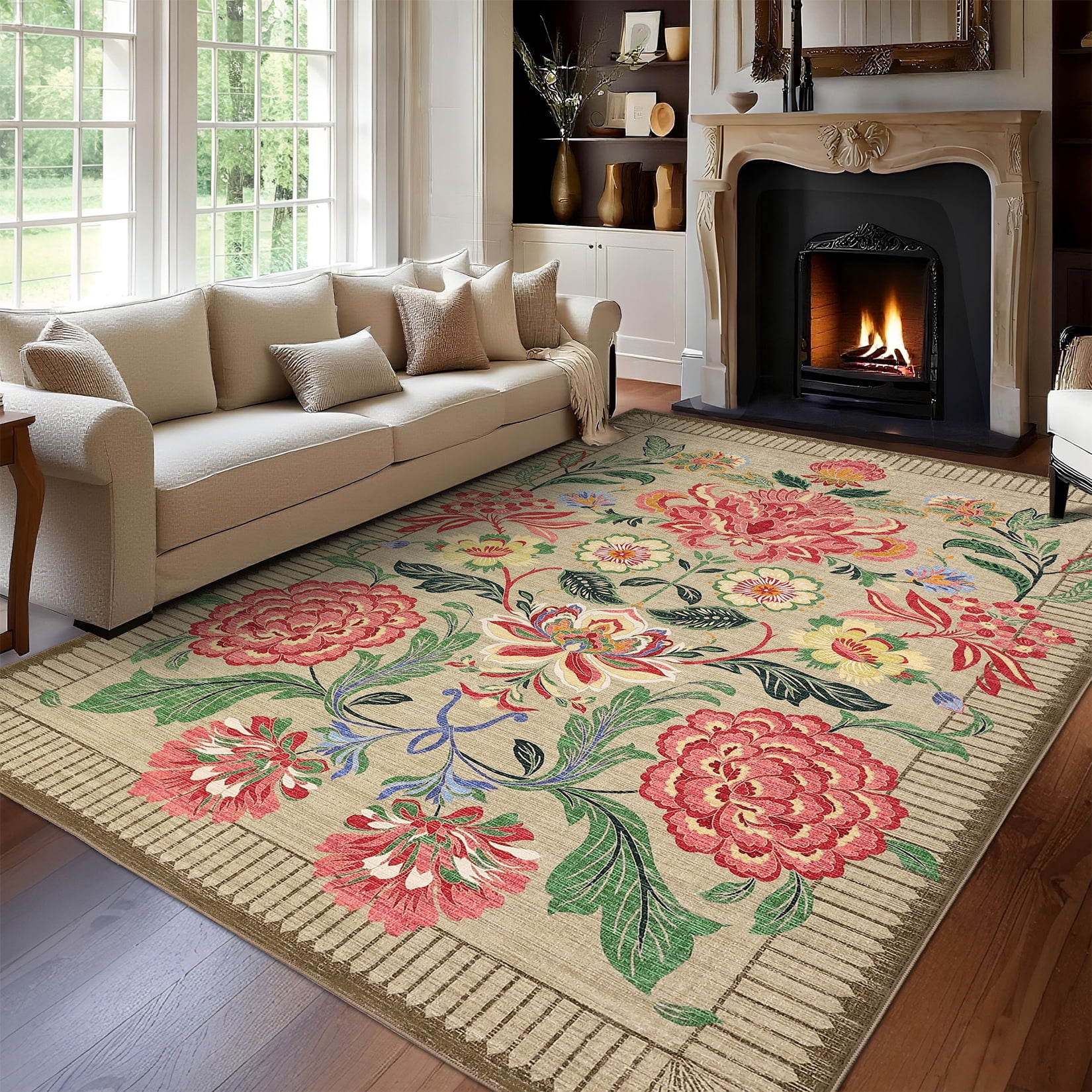 HOMERRY Large Modern 8' x 10' Area Rug for Living Room Washable Beige Floral Pattern Indoor Carpet