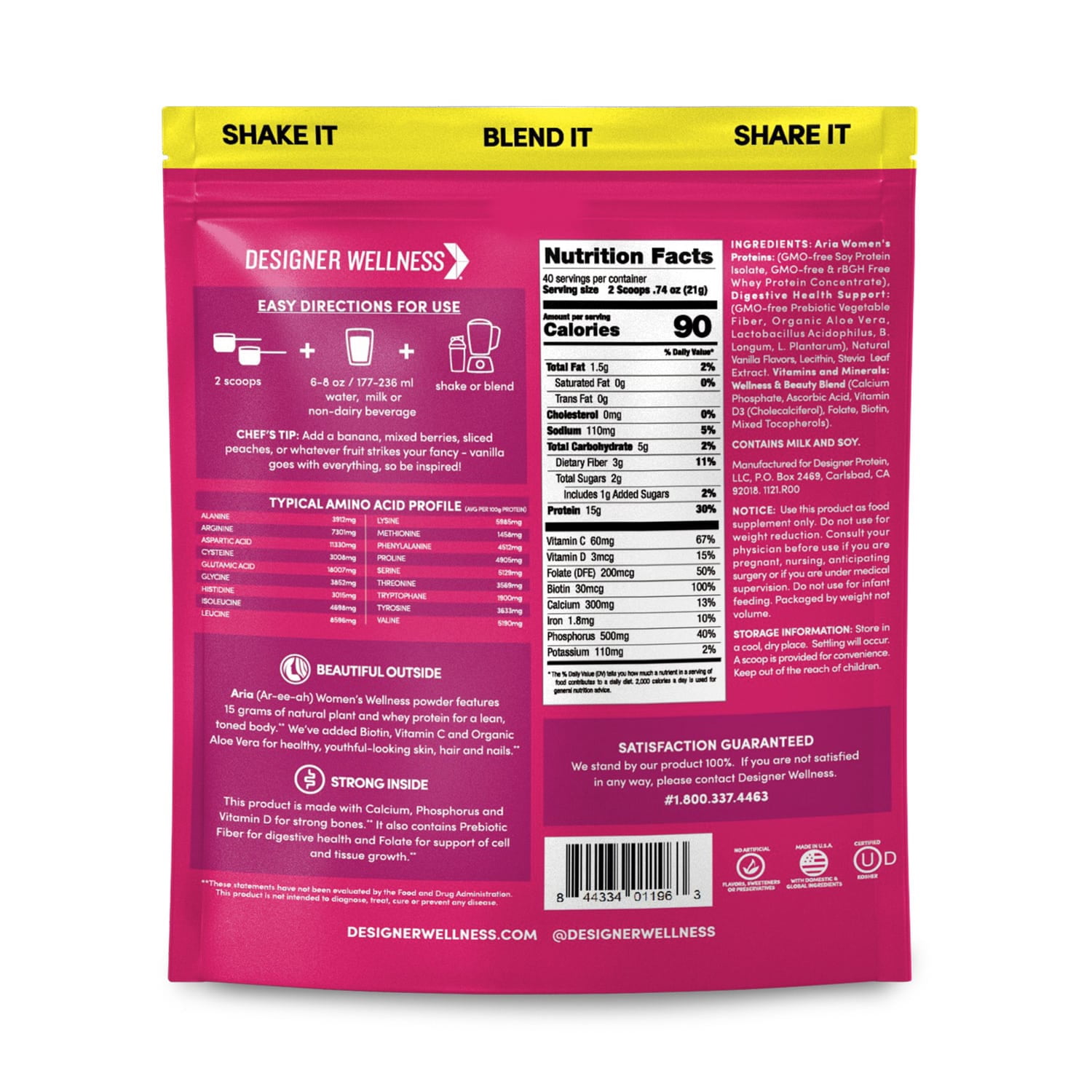 Designer Wellness, Aria, Women's Wellness Low Calorie Protein Powder with Biotin, Vitamin C and Organic Aloe, Vanilla, 1.85 lb