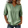 thumbnail image 3 of Womens Embroidered Cotton Linen Tops Summer Casual Boho Linen Mid Cuffed Sleeve Shirts V Neck Vacation Work Daily Blouses, L, 3 of 8