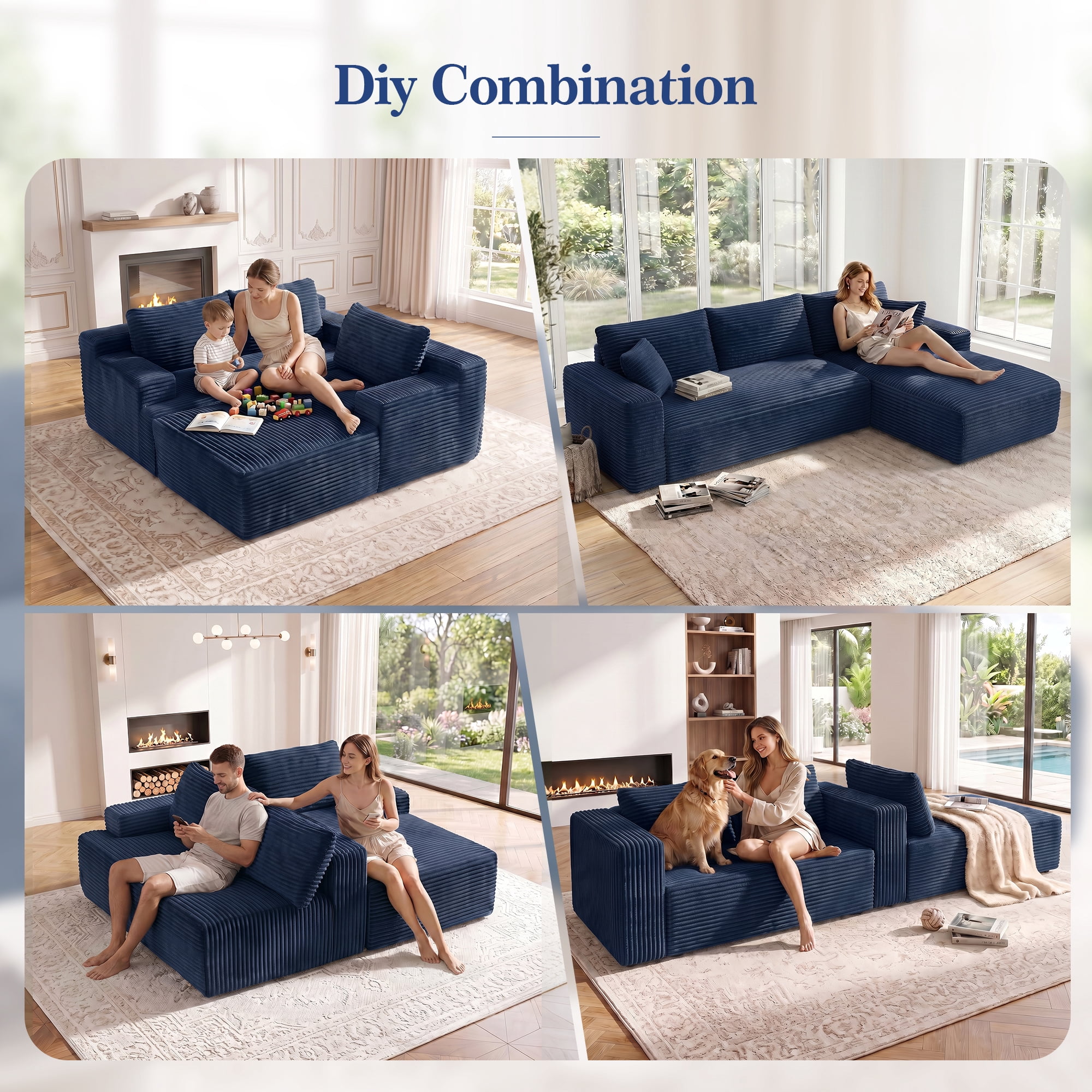 Aukfa 107" Boneless Modular Sectional Sofa, L-Shaped Corduroy Couch with Deep Seat and Right-Facing Chaise for Living Room, Blue