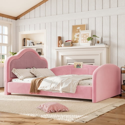 Full Size Upholstered Kids Floor Bed with Curved Headboard, Safety Side Rails & Storage Pocket, Low Profile Playhouse Bed, Pink