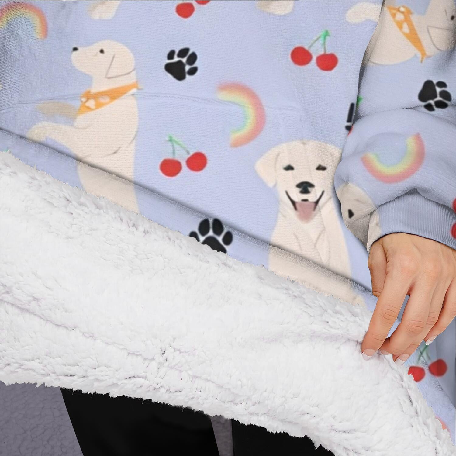 Oversized Wearable Blanket Hoodie,Golden Retriever Dog with Cherry and Rainbow Sherpa Blanket Hoodie with Super Pockets,Super Warm Fuzzy Pullover for Women & Men