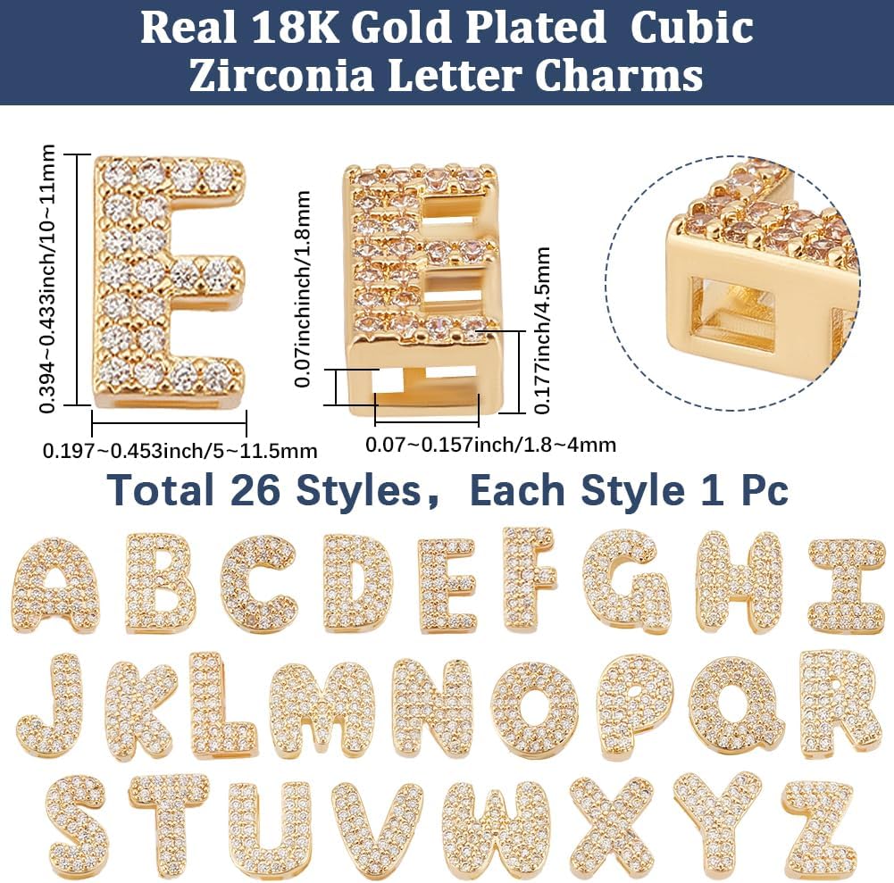 1 Box 26Pcs 26 Styles Cubic Zirconia Letter Charms 18K Gold Plated Brass A-Z Alphabet Charms Beads for Bracelets Necklace Wristbands DIY Jewelry Making Clear