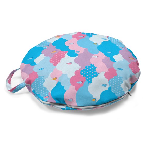 Abstract Round Floor Cushion with Handle, Colorful Style Rain Clouds with Drops Themed Autumn Season, Decorative Pillow for Living Room & Dorms, 18" Round, Sky Blue Pink and Lilac, by Ambesonne