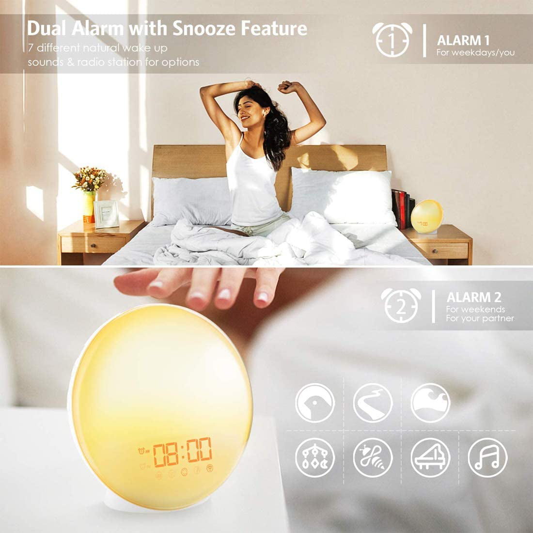 Smart Wake-Up Light, Alarm Clock 8 Colored Sunrise Simulation 