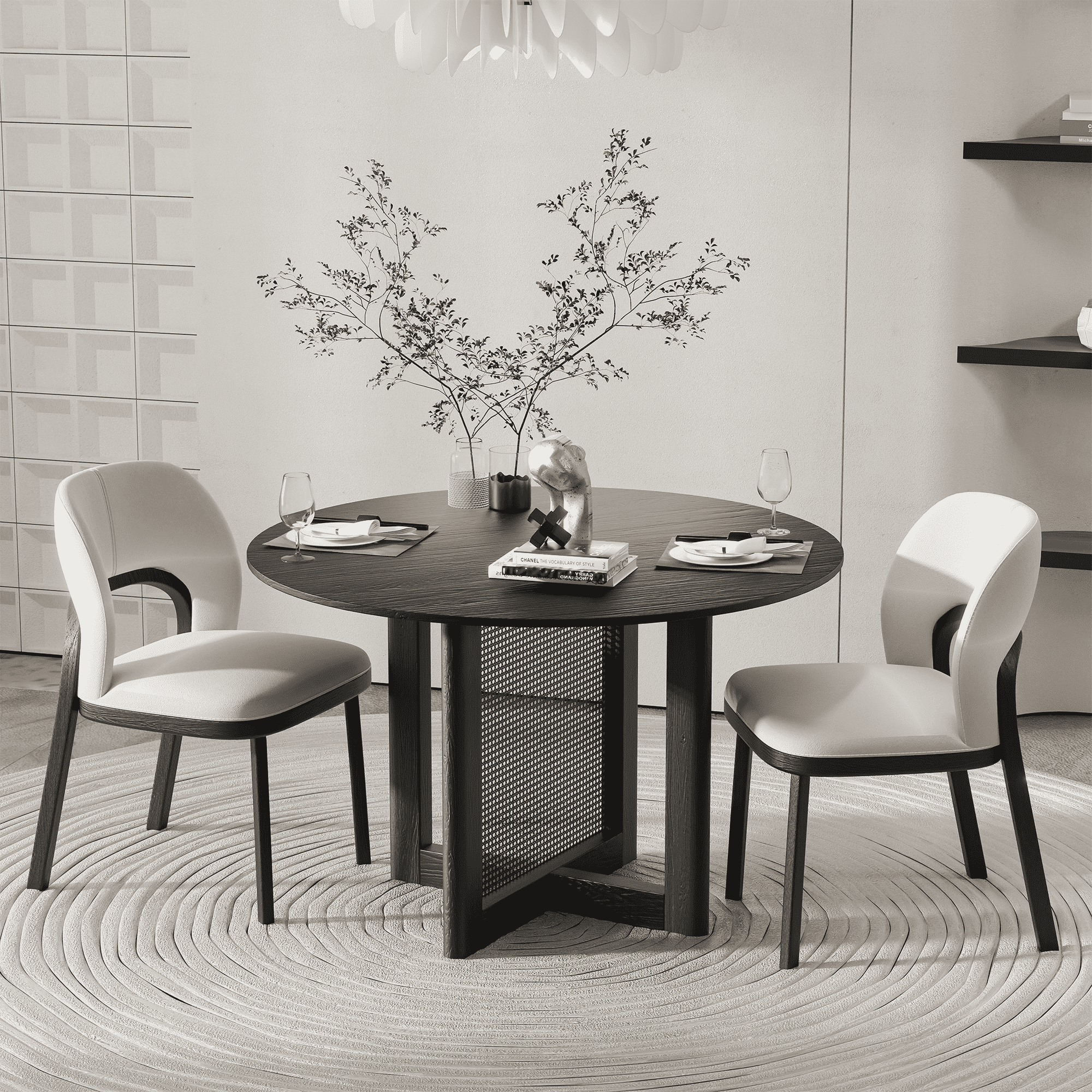 MAYEERTY Wood Round Dining Table, Mid-Century Modern Dining Table for Small Spaces with Rattan Legs, 46"x46"x30", Black
