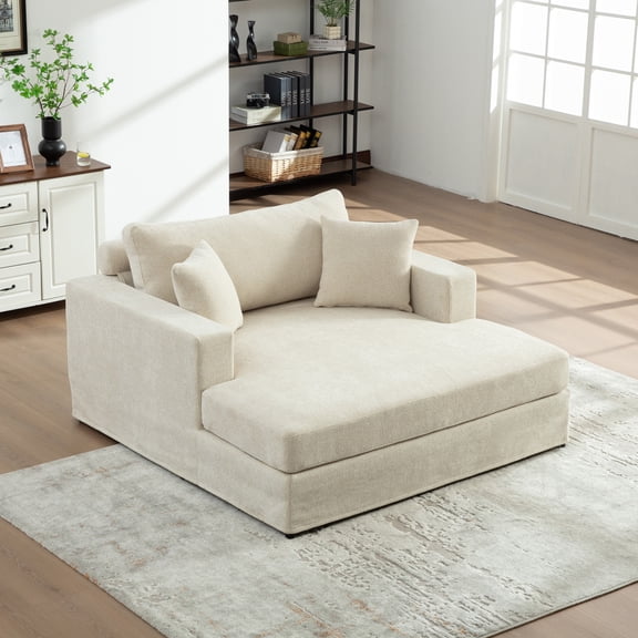 56.3" Wide Extra-Large Sofa Bed with Sturdy Metal Legs, Chenille Linen Fabric Sleeper Sofa with Back Cushion and Pillows, Comfy Couch for Living Rooms Bedrooms Apartments, Beige