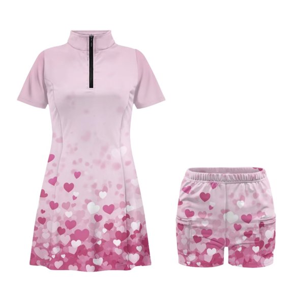 Psesaysky Valentine's Day Pink Love Print Women Golf Tennis Dress with 2 Pockets Causal Slim Fit Zip Stand Collar Dress with Built in Shorts Quick Dry Workout Athletic Dresses