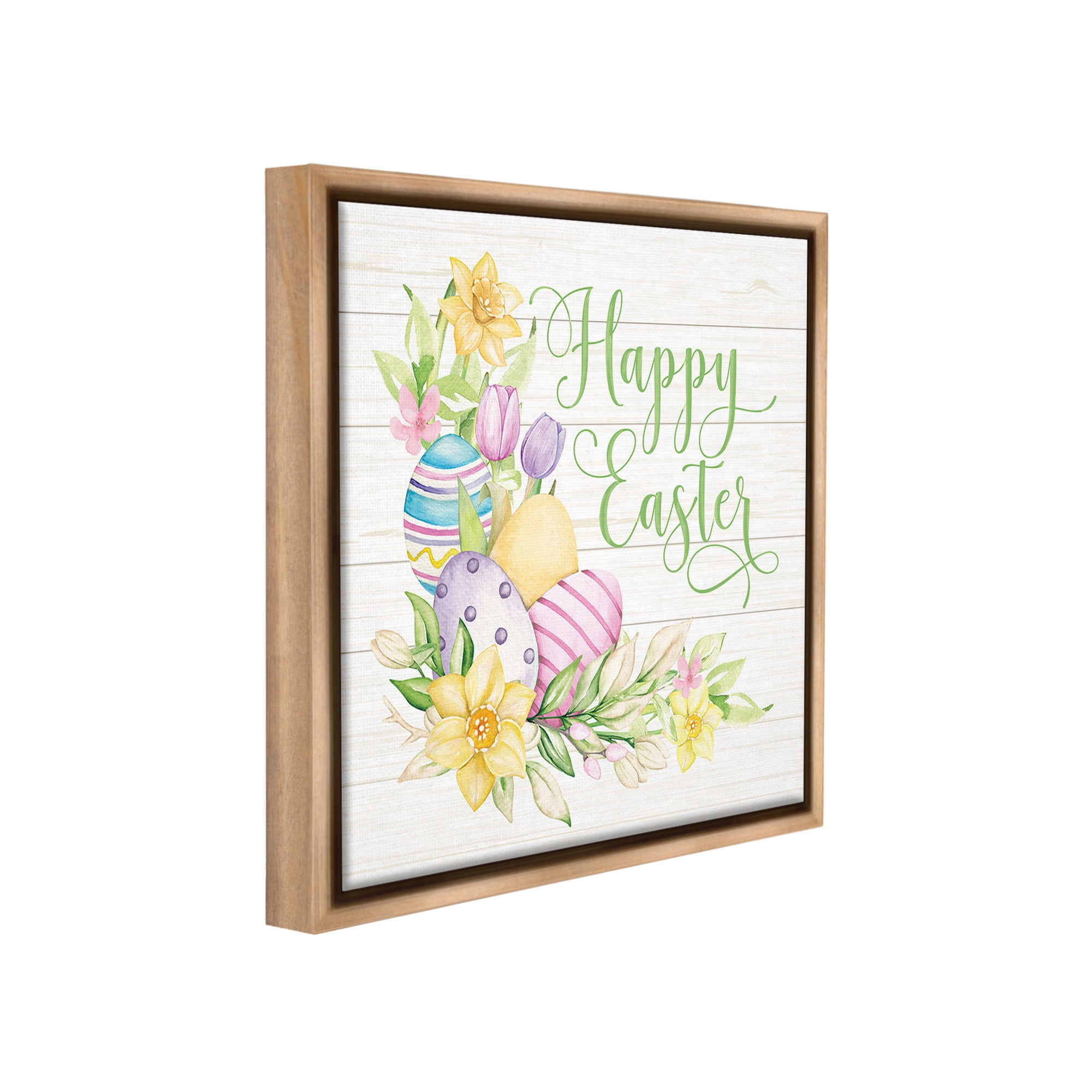 Stupell Industries Happy Easter Daffodils Holiday Painting Brown Floater Framed Canvas Art Print Wall Art, 18 x 18