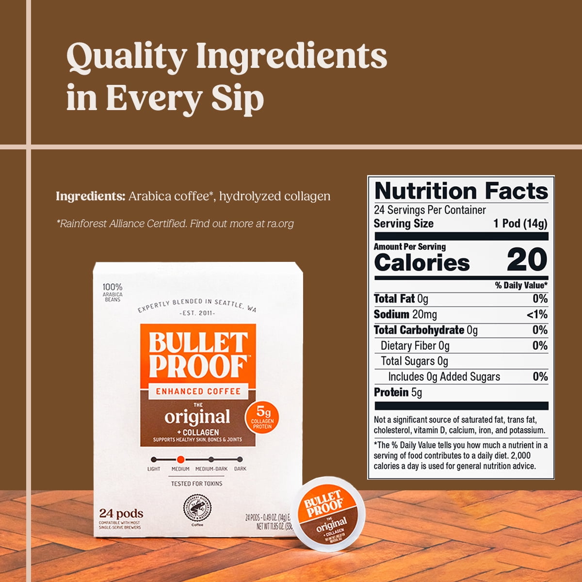 Bulletproof The Original + Collagen Single-Serve Coffee Pods, 24 Count, 100% Arabica Coffee Sourced from Central and South America with Collagen