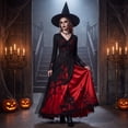 thumbnail image 5 of KLHDSF Women's Halloween Chiffon Lace Long Dress Round Neck Long Sleeve Hollow Out Lace Maxi Dress Gothic Party Witch Costume Dress For Women Red M, 5 of 8
