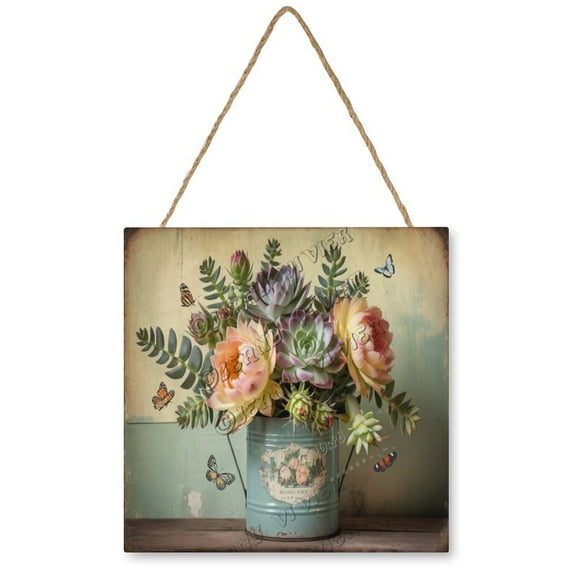 Succulent Bouquet Welcome Decor Sign, Hanging Wood Sign Home Decorative, Printed Wood Wall Art Sign Country Farm Kitchen Wall Home Décor 12"x12"