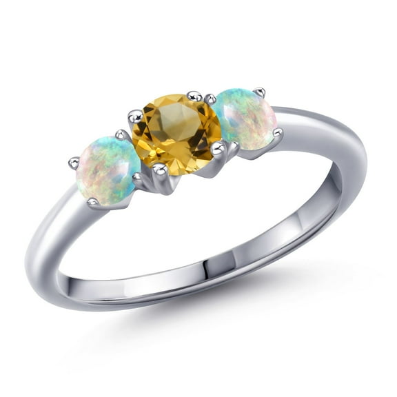 Gem Stone King 925 Sterling Silver Yellow Citrine and Simulated White Opal Engagement Ring for Women | 0.95 Cttw | Round 5MM | Gemstone November Birthstone | Size 6
