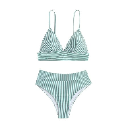 UTSJKR Women s Striped High Waist Bikini Sets Summer Beach Fashion Backless Swimsuit 2 Piece Bathing Suits Green M