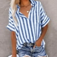 thumbnail image 2 of Short Sleeve Blouses for Women Dressy Casual Buttons up Shirt Lapel Collar Shirt Vertical Striped Tops Linen Blouse, 2 of 6