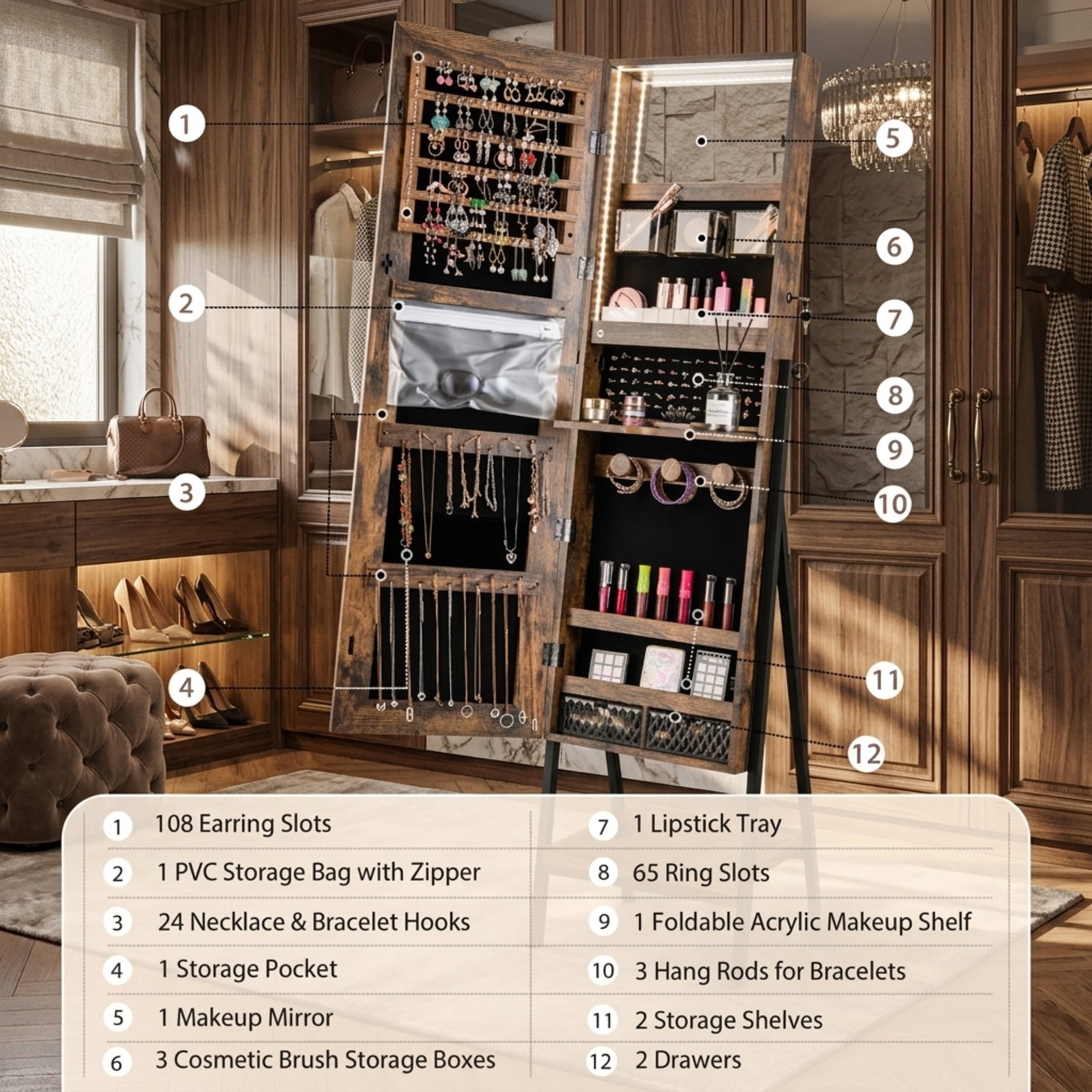 Furnibear Freestanding Jewelry Cabinet with Full-Length Mirror for Bedroom Dressing Room Jewelry Necklace Rings Storage Mirror, Rustic Brown