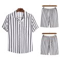 thumbnail image 2 of Conjunto casual de blusa y pantalones de playa de manga corta con estampado de rayas y botones de cobertura para hombres Pompotops  oipoqjl35489, 2 of 3