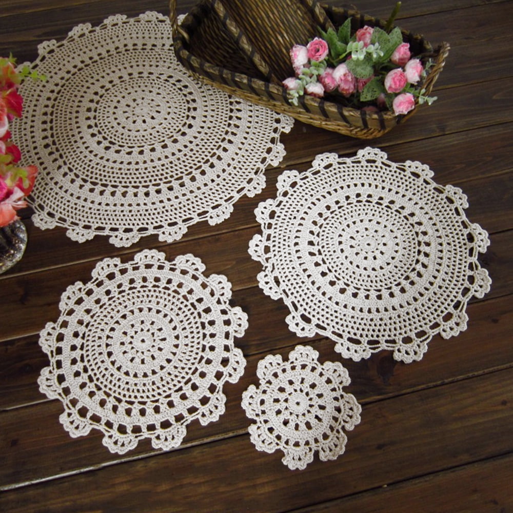 4Pcs/Lot White Handmade Vintage Round Crochet Lace Doilies Cotton Placemats 12" 