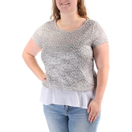 - INC Womens Gray Metallic Open Stitch Knit Short Sleeve Jewel Neck Tiered Top Size: L