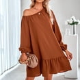 thumbnail image 4 of Vestido de invierno de manga larga con hombros descubiertos, color puro, dobladillo de encaje, vestido informal para mujer para otoño, rojo pardusco S, 4 of 7