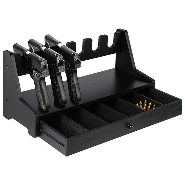 6-Slot Pistol Gun Rack with Drawer, 17.5 x 7.7 x 8.5 Inches Real Wood Handgun Rack Holder, Gun Cabinet Accessories, Rustic Style Gun Rack Organizer