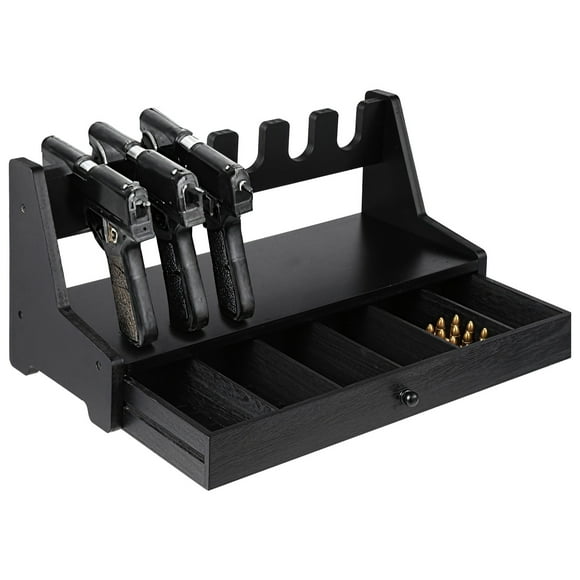 6-Slot Pistol Gun Rack with Drawer, 17.5 x 7.7 x 8.5 Inches Real Wood Handgun Rack Holder, Gun Cabinet Accessories, Rustic Style Gun Rack Organizer