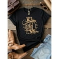 thumbnail image 1 of Women'S Casual Black Washed T-Shirt with Western Cowboy Boot & Hat Print - Loose Fit, Round Neck, Short Sleeve, Stretch Blend, Perfect for Spring/Summer, Western T Shirts, 1 of 6