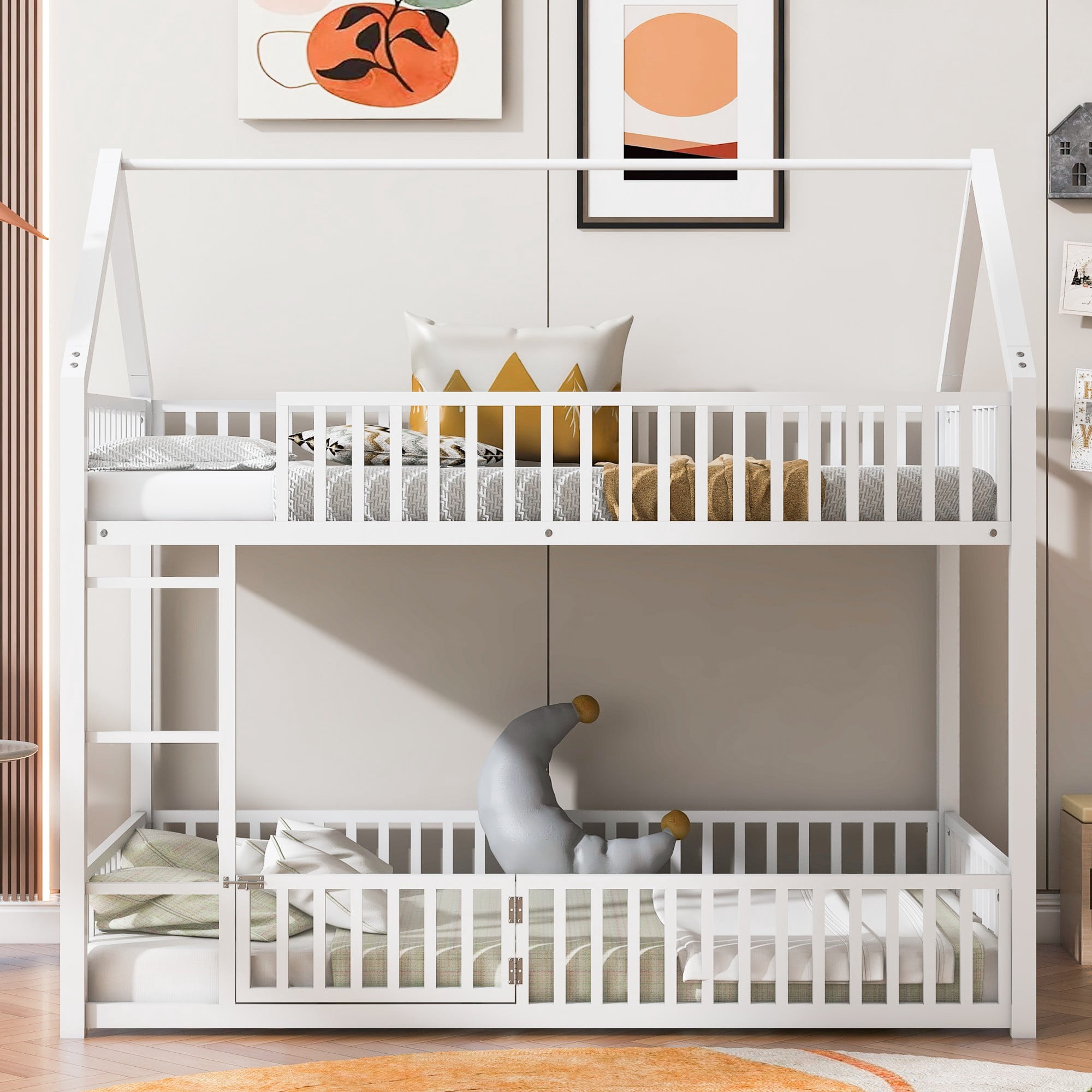 Aukfa Twin-over-Twin Bunk Bed with Fence and Door, Metal House Bed Frame for Kids Toddy, White