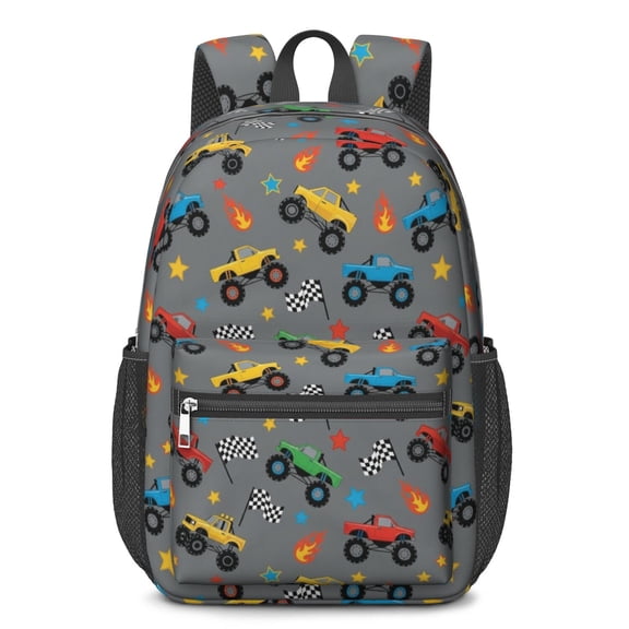 Monster Cartoon Truck Gray Pattern 17" School Backpacks for Teens,Waterproof Oxford Fabric,S-Shape Padded Straps for School,Travel,Hiking,Camping