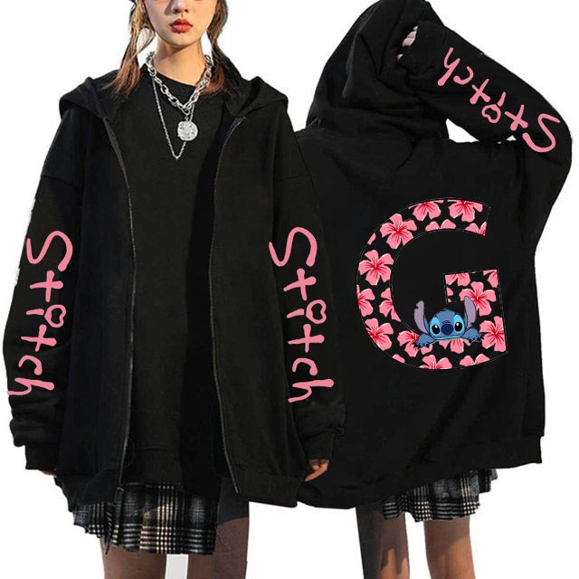 Sudaderas de los 90 Sudaderas con capucha con cremallera para mujer Sudadera con capucha con letras lindas de Disney Lilo & Stitch Chaquetas con cremallera Ropa de calle para