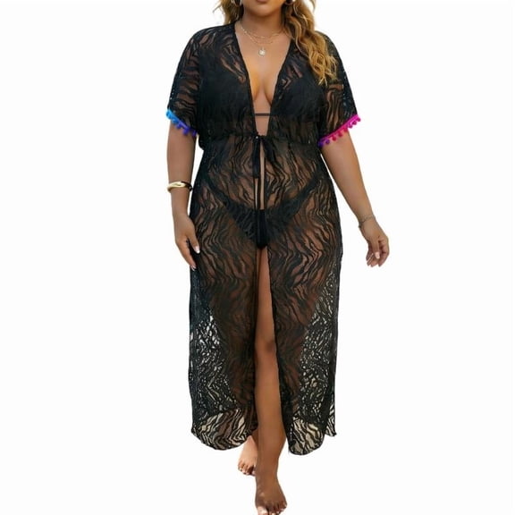Open Front Sheer Lace Beach Kimono Swimsuit Cardigan Cover Up with Waist Tie