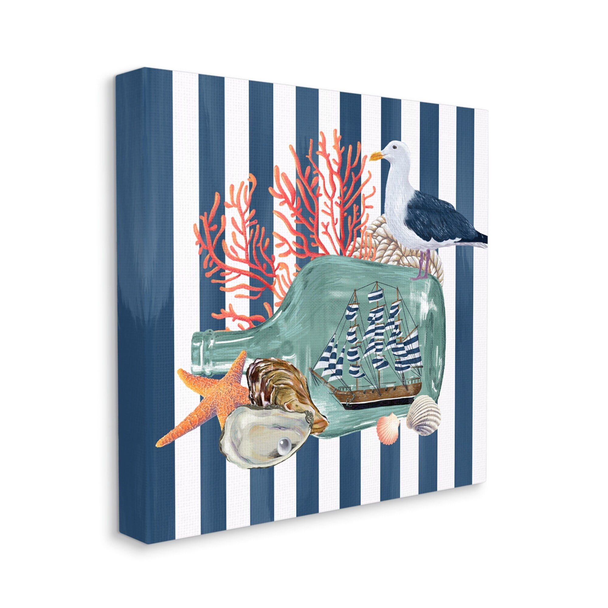 Stupell Industries Ship In Bottle Perched Seagull Marine Life Stripes Graphic Art Gallery Wrapped Canvas Print Wall Art, Design by Raquel Maciel