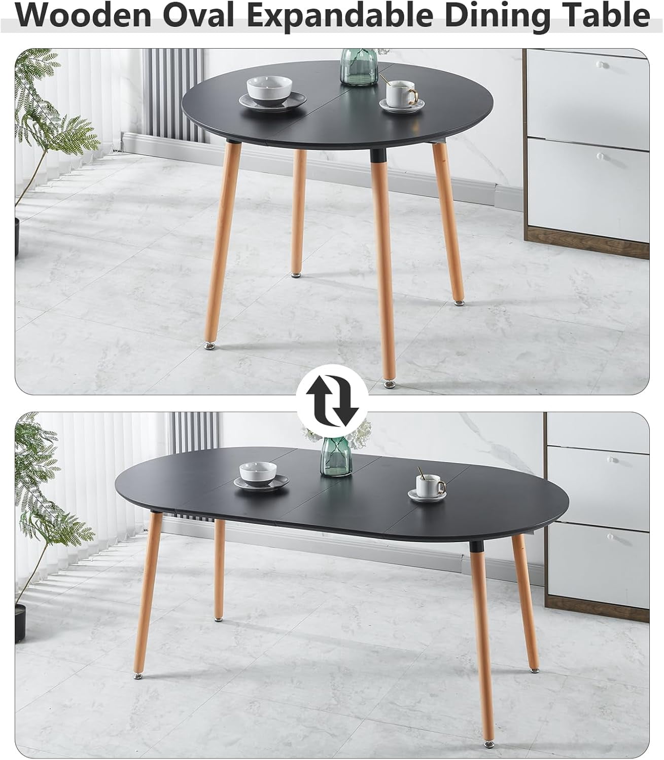 Extendable Round Dining Table, 39"-70.8" Black Farmhouse Kitchen Table with Leaf, Oval Dining Table for 4-8 People, Sturdy Mid-Century Modern Home Table