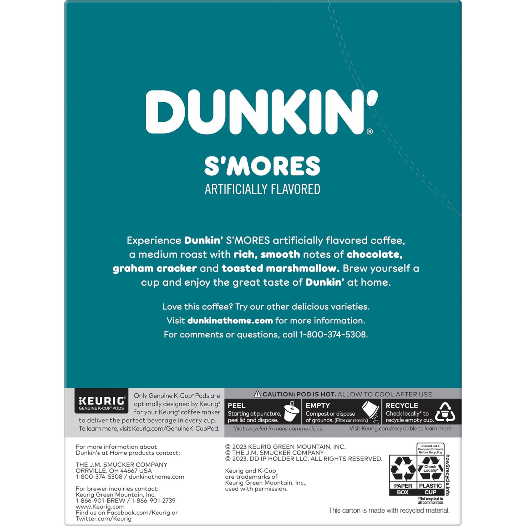 Dunkin Smores Artificially Flavored Coffee, Medium Roast, Keurig K-Cup Pods, 22 Count Box
