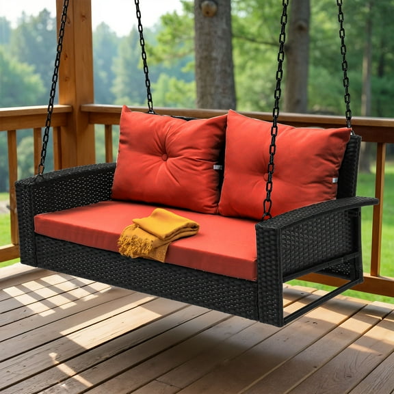Uforic Dual-Seater Outdoor Swing Chair, Elegant Black Rattan Patio Lounge with Red Cushions and a Strong Capacity of 770lbs for Garden, Balcony, and Living Room