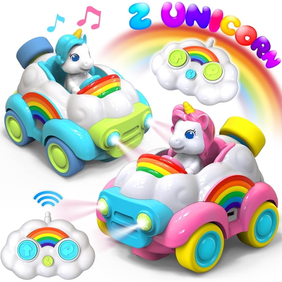 Beefunni Unicorn Toys for Girls Age 3-6, 2 Pack Remote Control Car for Tollders, RC Cars with LED Lights, Music & Sound, Christmas Birthday Gift for Kids (Pink and Blue)