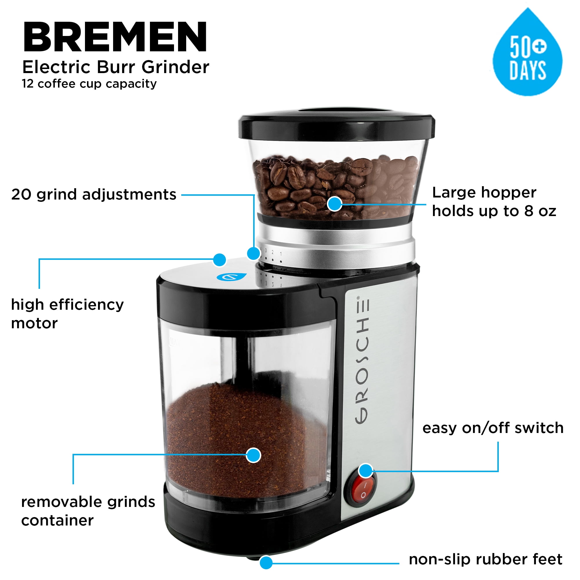 Black GROSCHE Bremen Adjustable Ceramic Conical Burr Manual Coffee Grinder