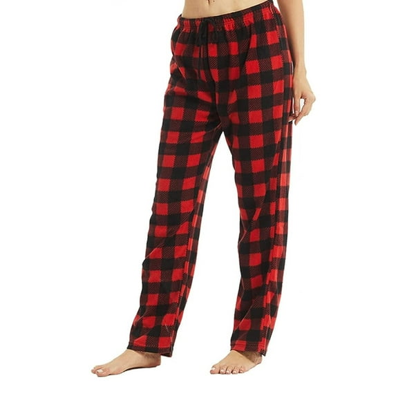 Women's Pajama Pants Cozy Fleece Drawstring Pant Red Black Plaid Size Medium