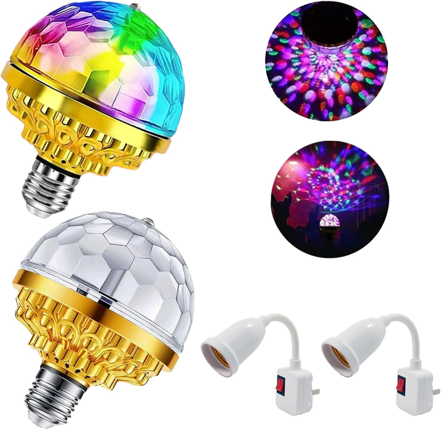 2Pack Colorful Rotating Magic Ball Light Plug in Disco Ball Light Bulb with Sockets, Strobe Stage Lighting Lamp for Home Room Dance Birthday Karaoke Halloween Christmas Show Club Decoration