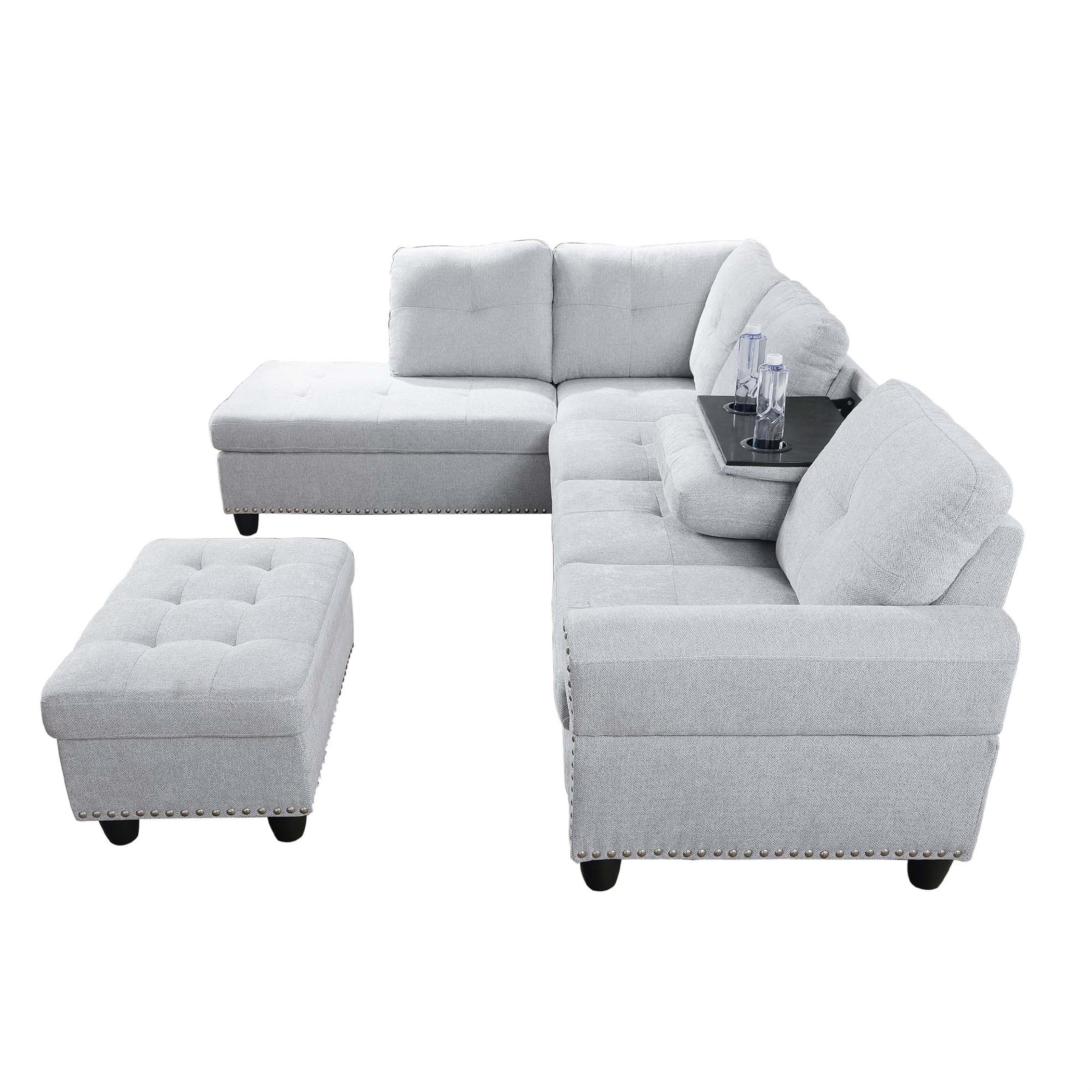 Aukfa 3 Piece Sofa Set, L shape Sectional Couch with Storage Ottoman&Cup Holder, Linen, Left Hand, Light Gray