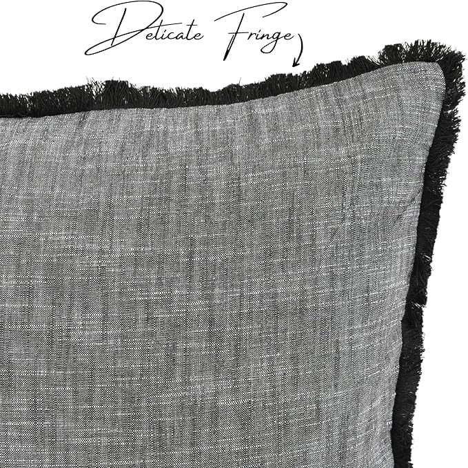 18×18 Grey Organic Cotton Throw Pillow Covers With Decorative Fringe Boho Farmhouse Cushion Cover with Tassels Linen Like Textured Accent Pillowcases for Bed Couch Chair Sofa Living Room, Set of 2